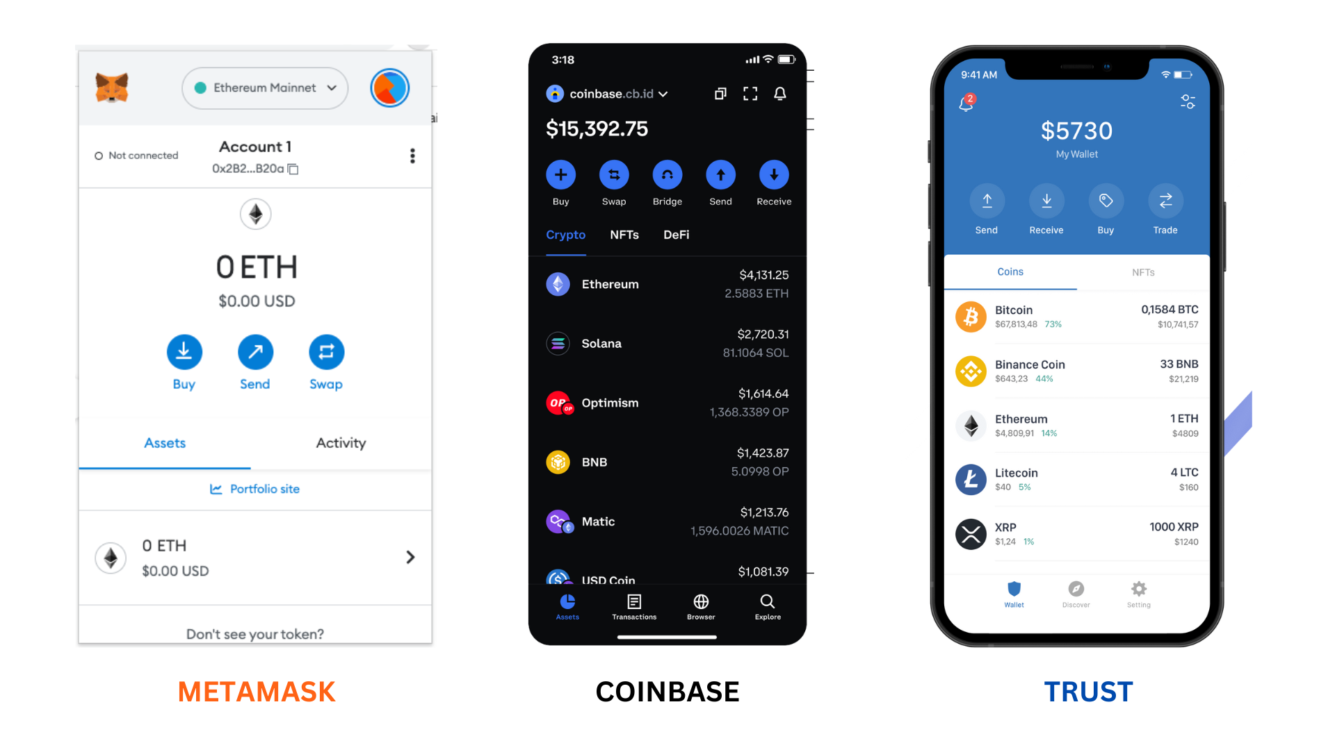 MetaMask, Coinbase, Trust Wallet interface