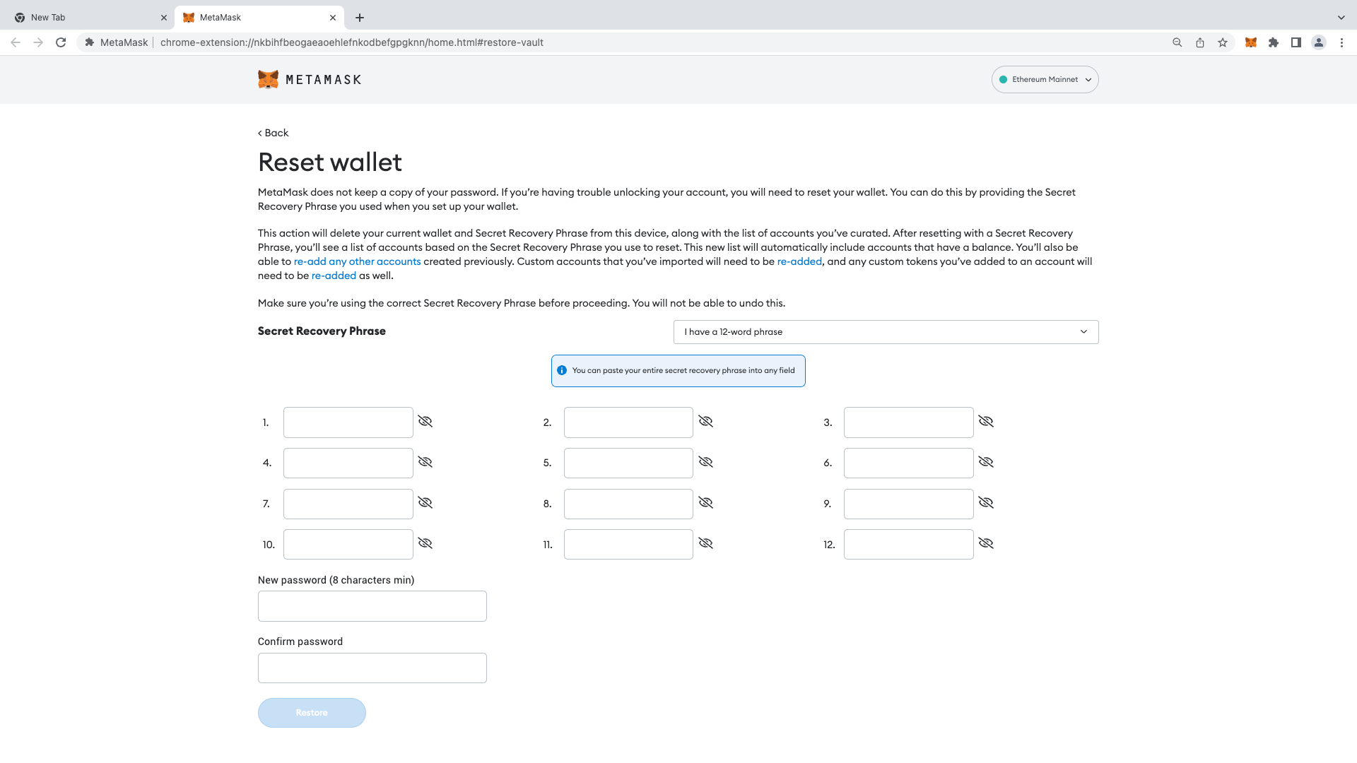 Reset wallet with a seed phrase