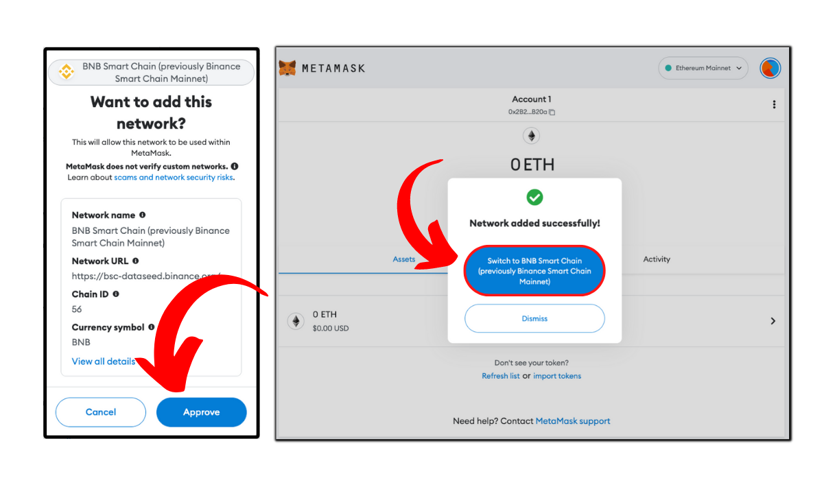 Approve BNB network addition and switch to the network