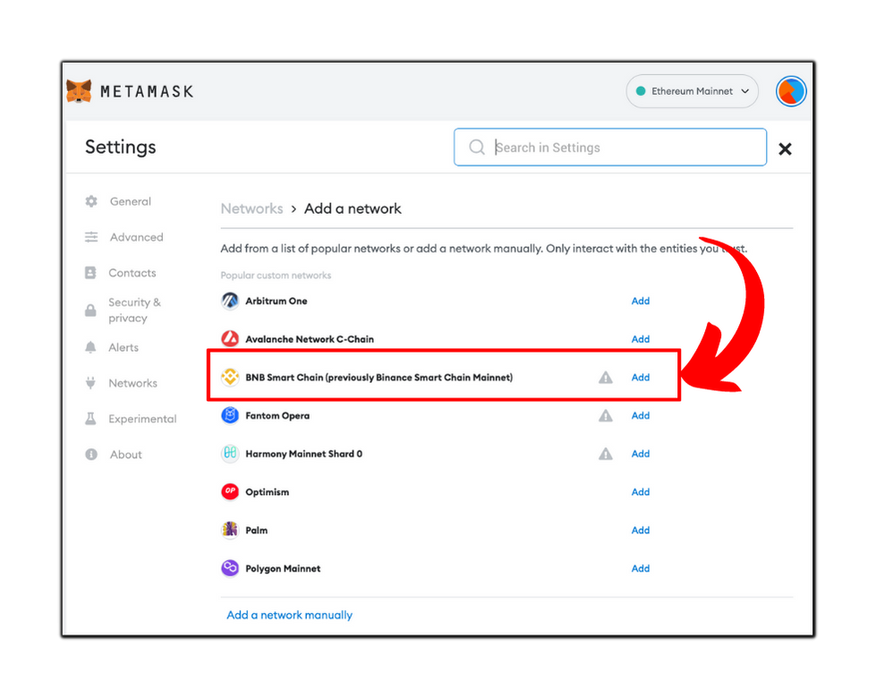 Binance smart chain network in MetaMask