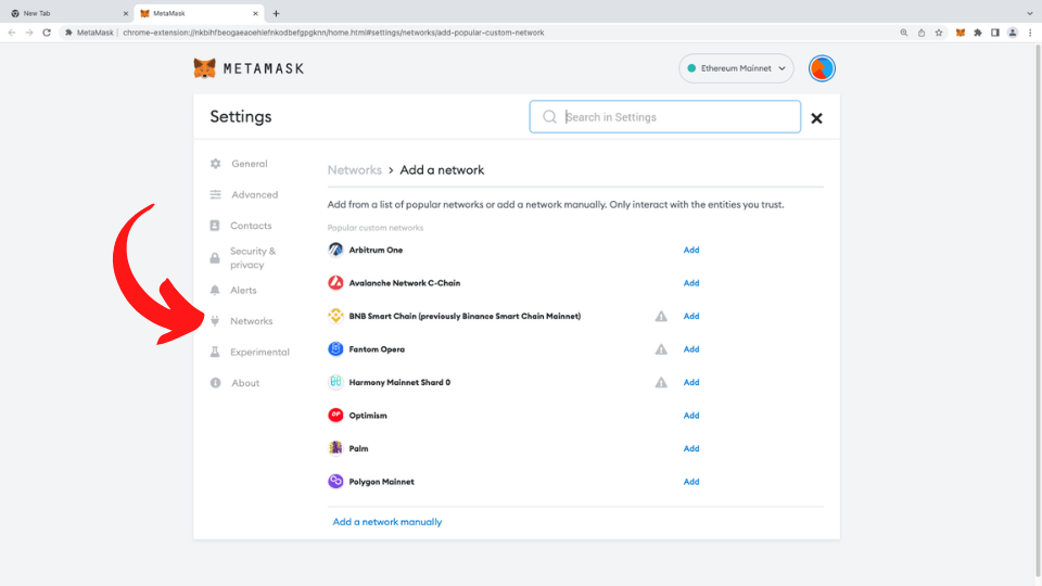 MetaMask network settings