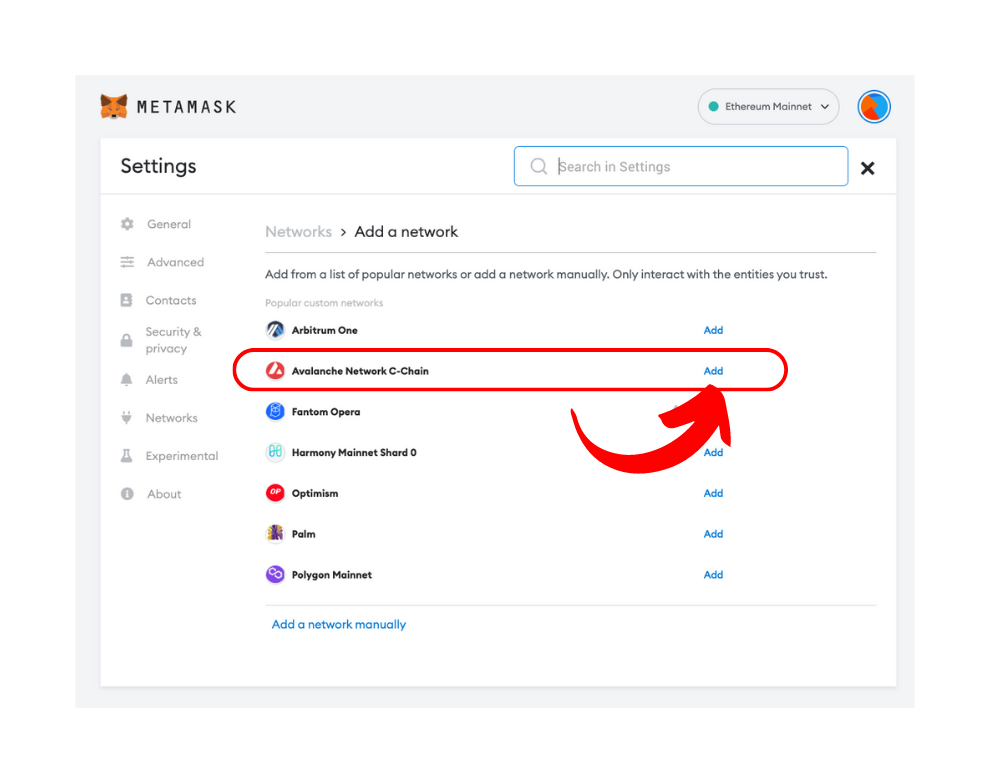 Avalanche network option in Metamask's popular networks