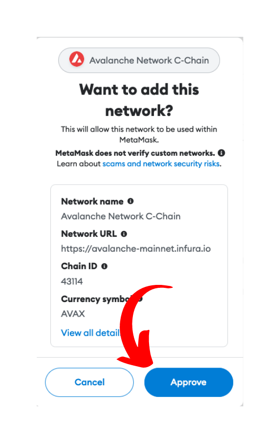 Avalanche network details filled in MetaMask pressing approve