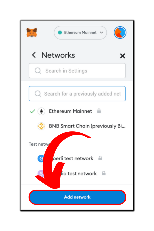 Add network button in MetaMask