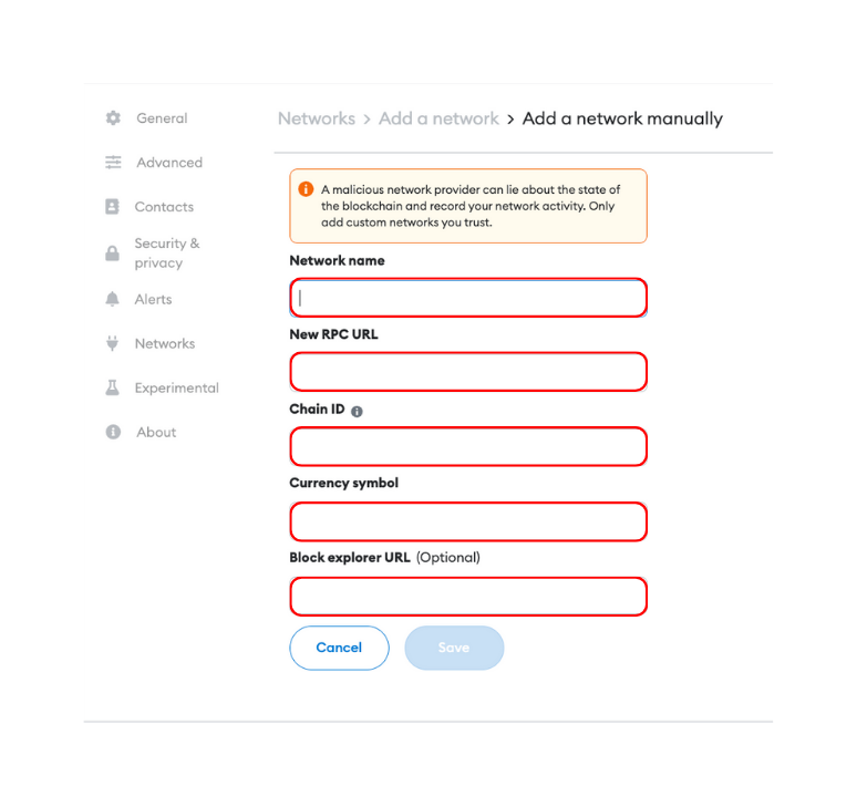 Network details to fill in Metamask