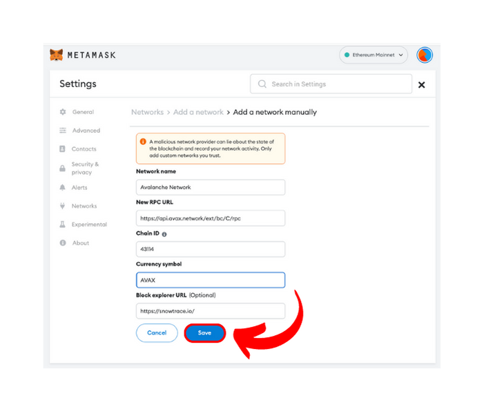 Save after filling network details in MetaMask