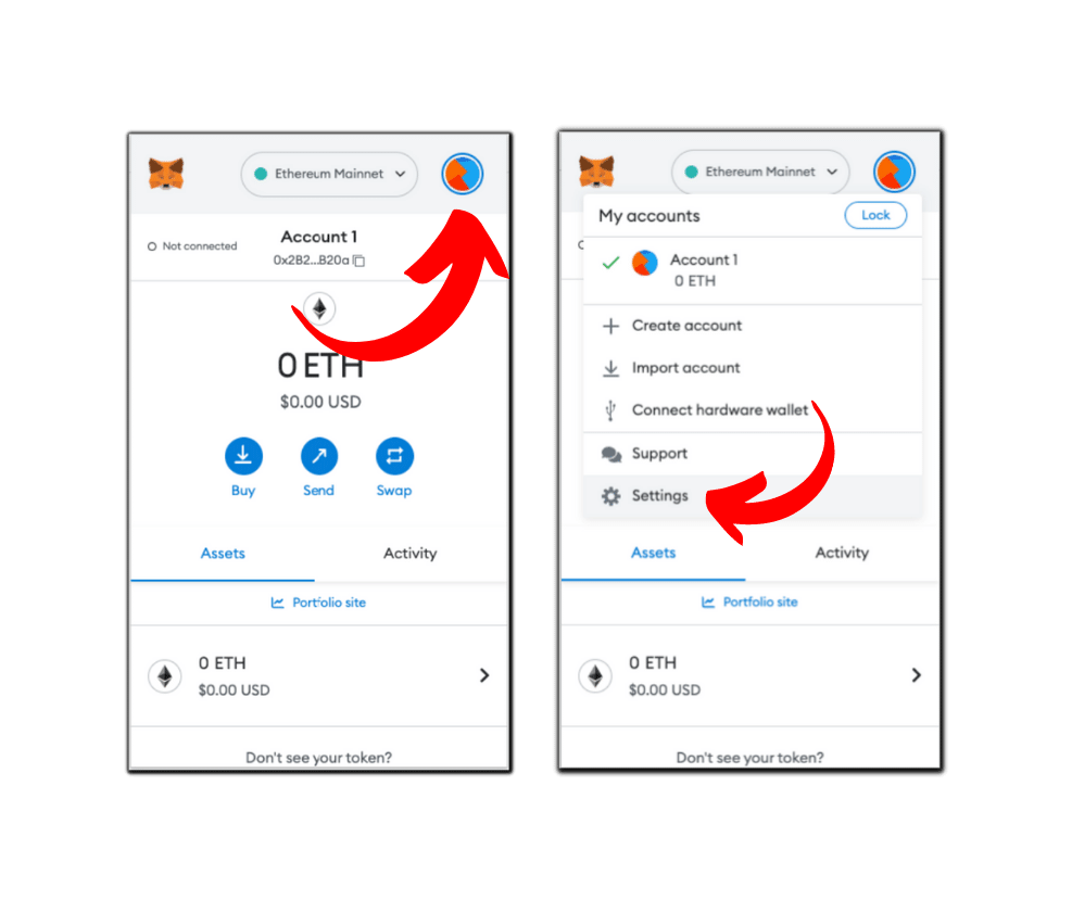 Entering MetaMask settings from profile icon