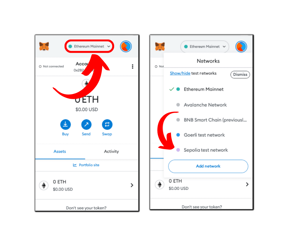 Switching to the test networks in MetaMask