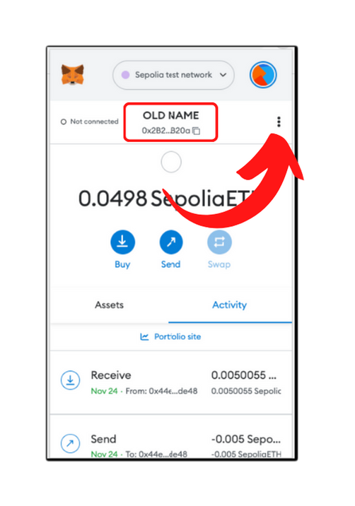 Clicking on the three dots next to the account name in MetaMask