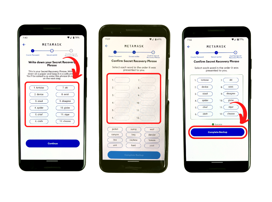 Input and confirm seed phrase in MetaMask