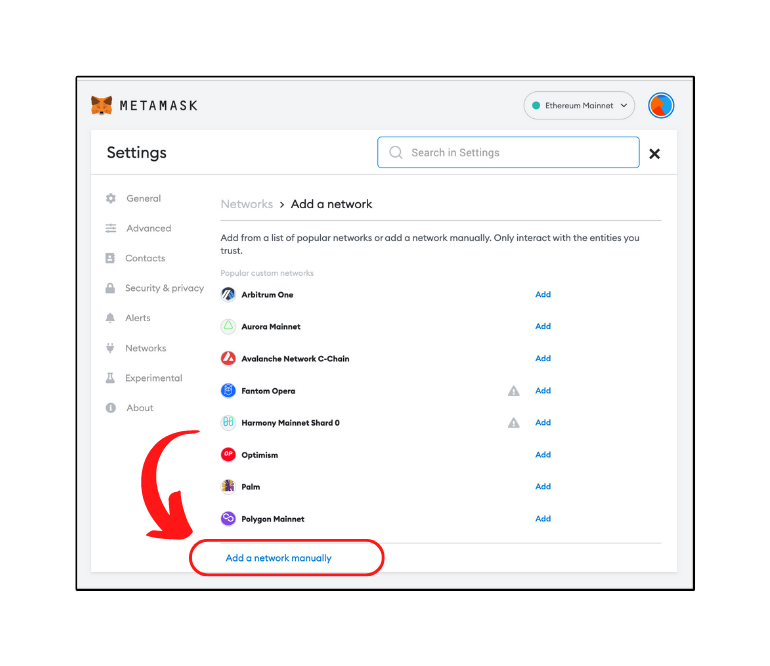 Add network manually in MetaMask