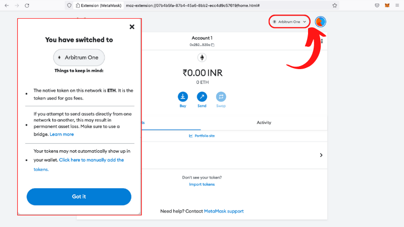 Arbitrum network successfully added in MetaMask