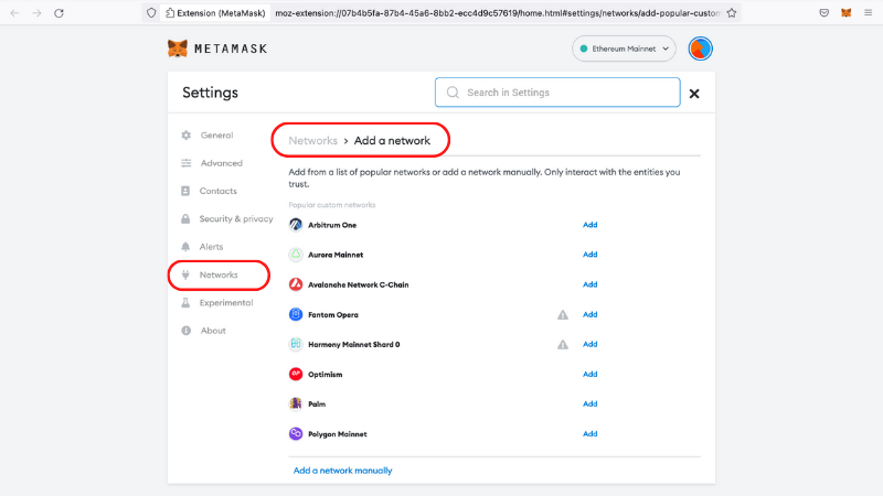 MetaMask network settings