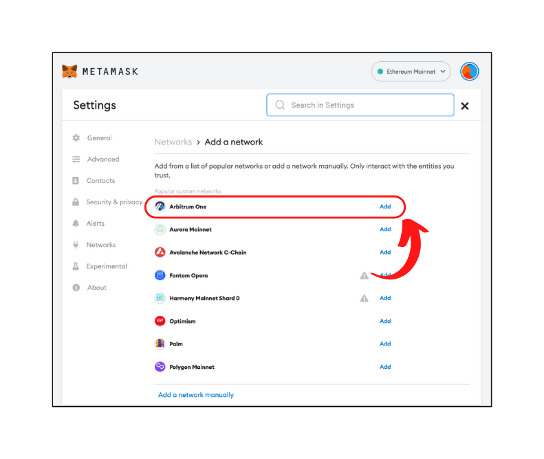 Popular networks in MetaMask