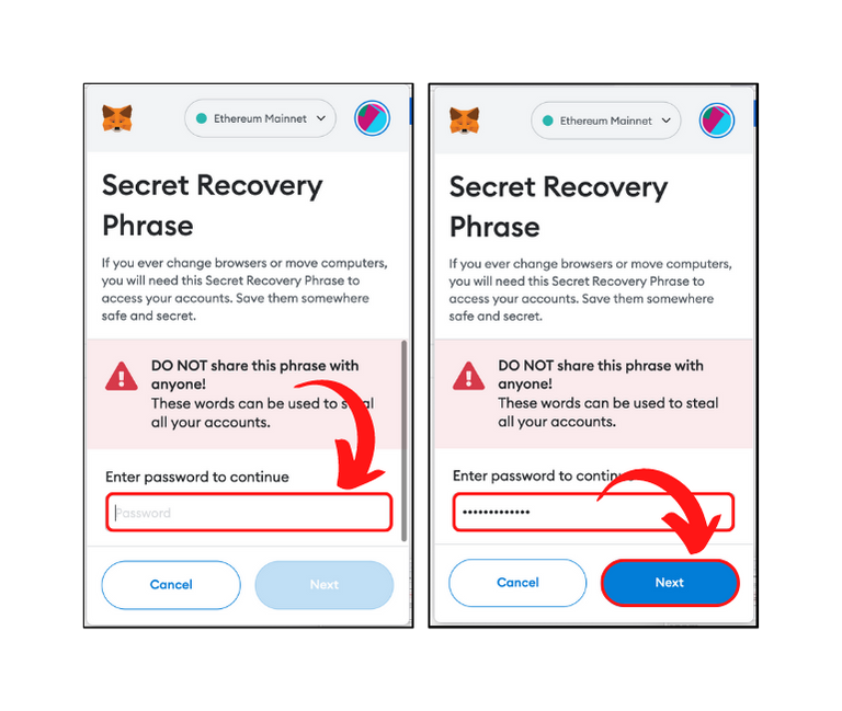 Input password to show the secret recovery phrase in MetaMask