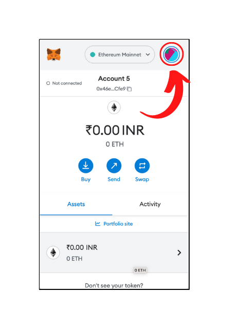 Clicking on the profile icon in MetaMask