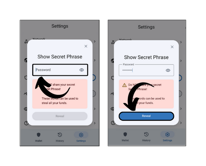 Entering password in Trust wallet to see the seed phrase