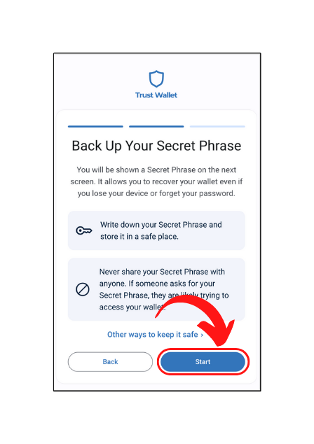 Trust wallet asking to back up the seed phrase while setting up the wallet