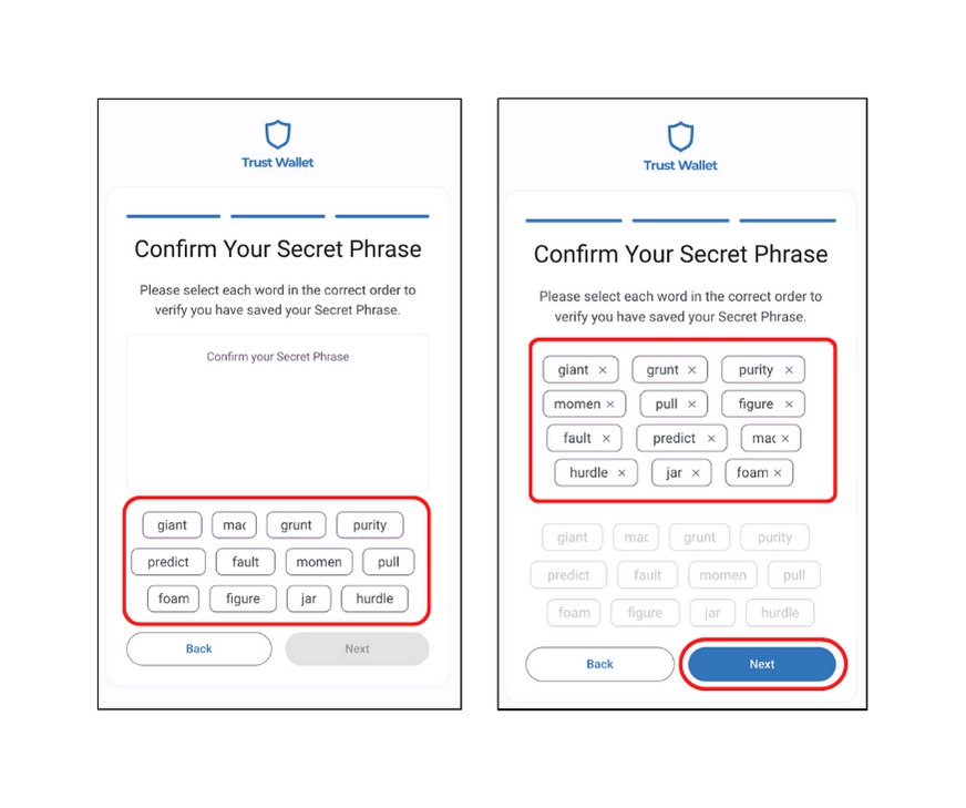 A screenshot that shows how to enter the seed phrase in Trust wallet to set up the wallet