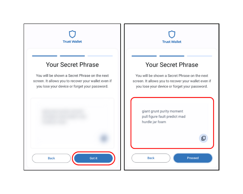 A screenshot showing the trust wallet seed phrase while setting up