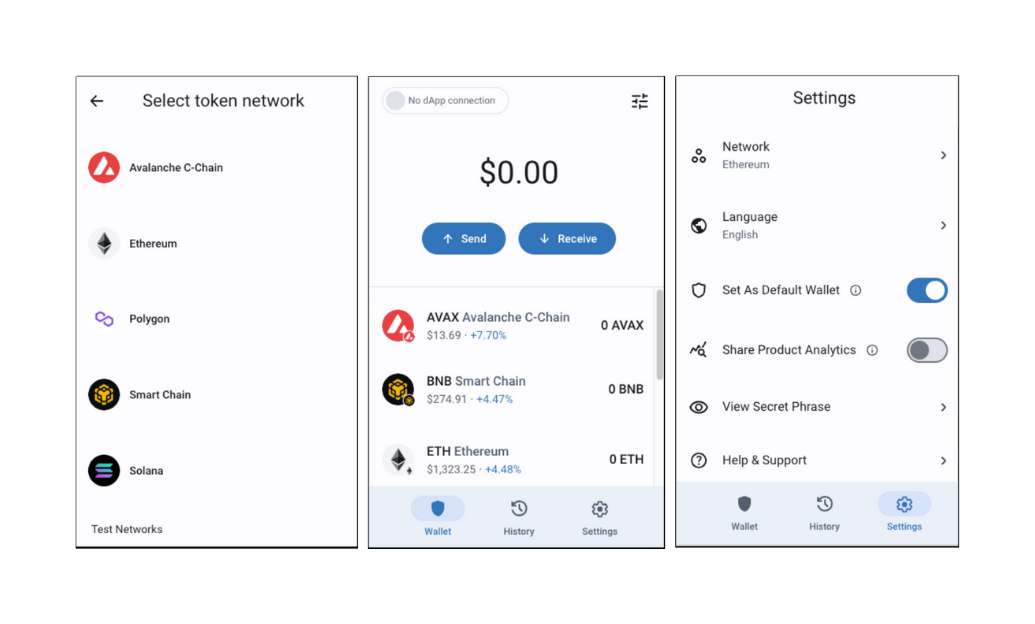 Trust wallet network settings, homepage and settings screenshot