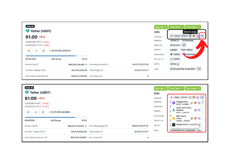 Coingecko's official site showing the same contract addresses on different networks