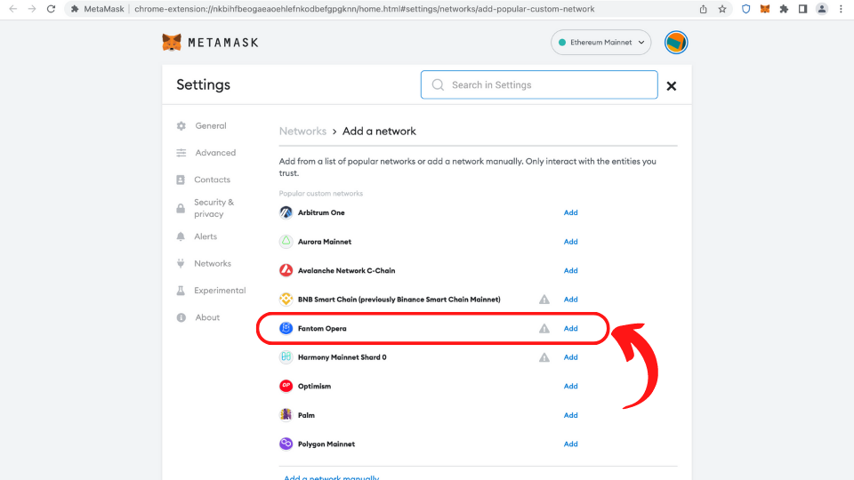 Adding fantom from Popular networks in MetaMask