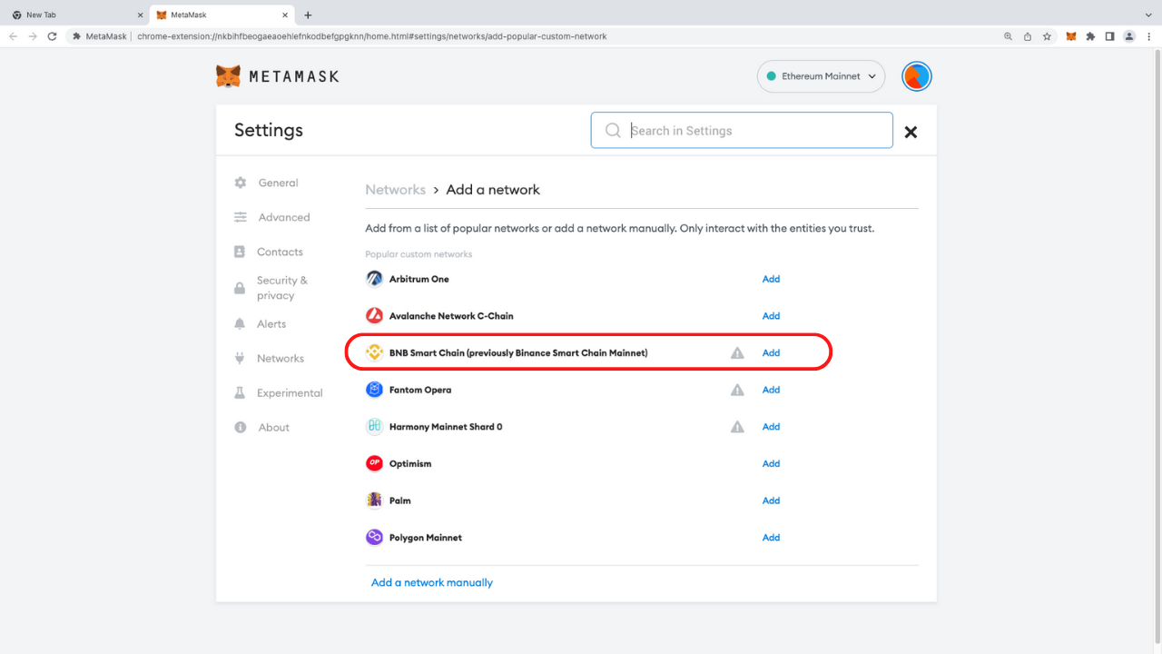 Adding a new network in MetaMask browser extension