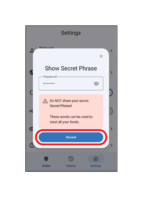 clicking on the reveal button after entering password to see seed phrase in the trust wallet extension