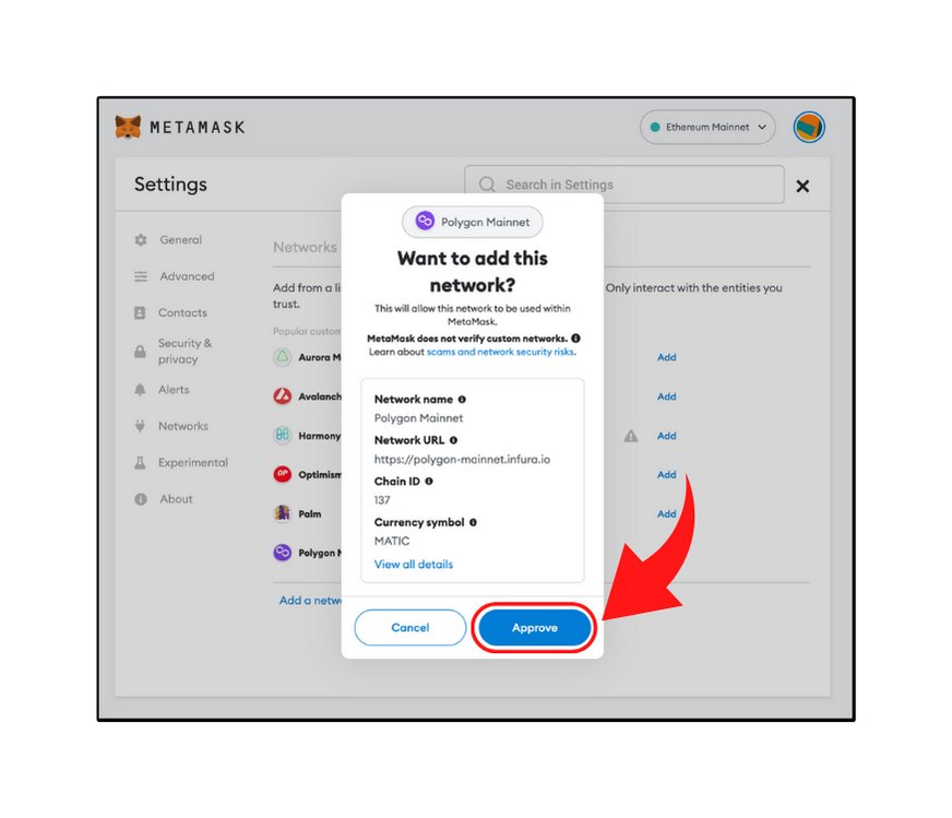 Polygon network details in Metamask asking you to approve network addition